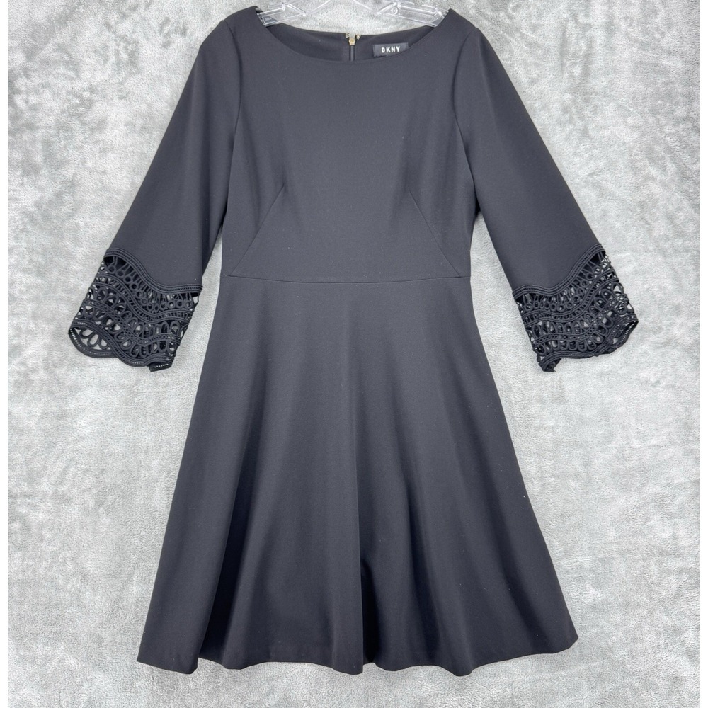 DKNY Dress Womens 8 Lace Cuff  A Line Office Career Fit & Flare Wedding Black